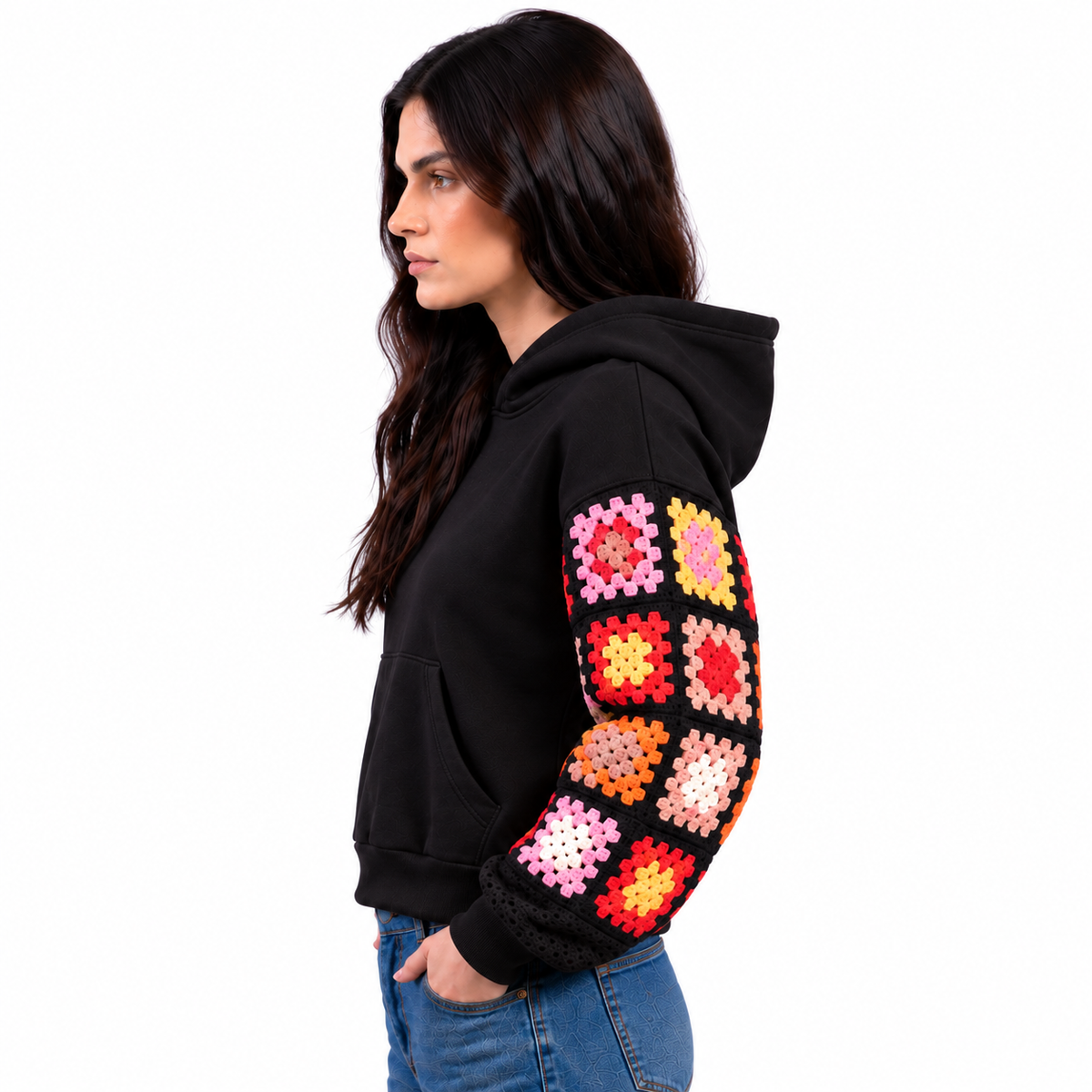 Granny square crochet sleeves hoodie