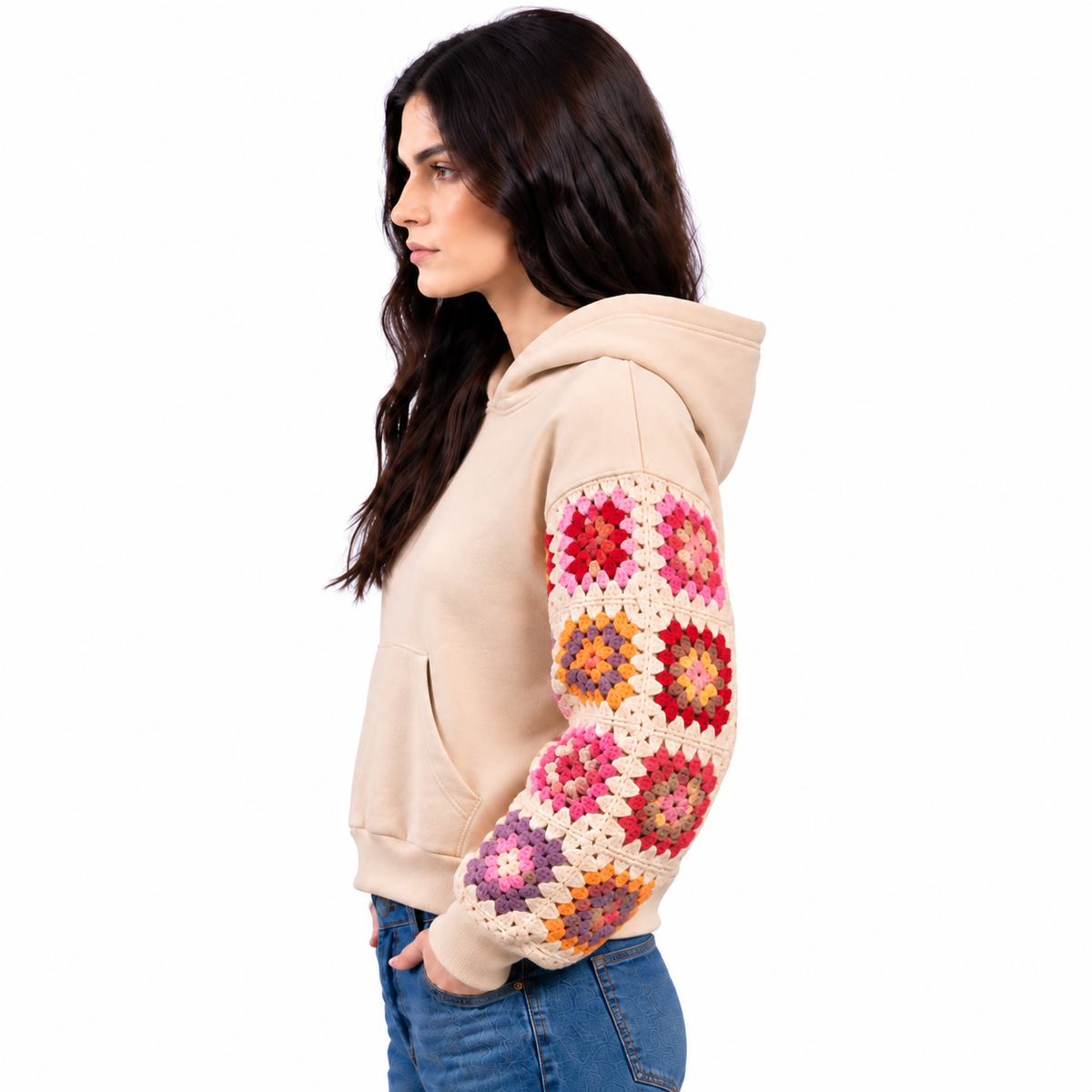 Granny square crochet sleeves hoodie