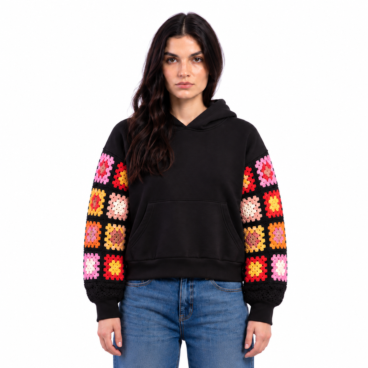 Granny square crochet sleeves hoodie
